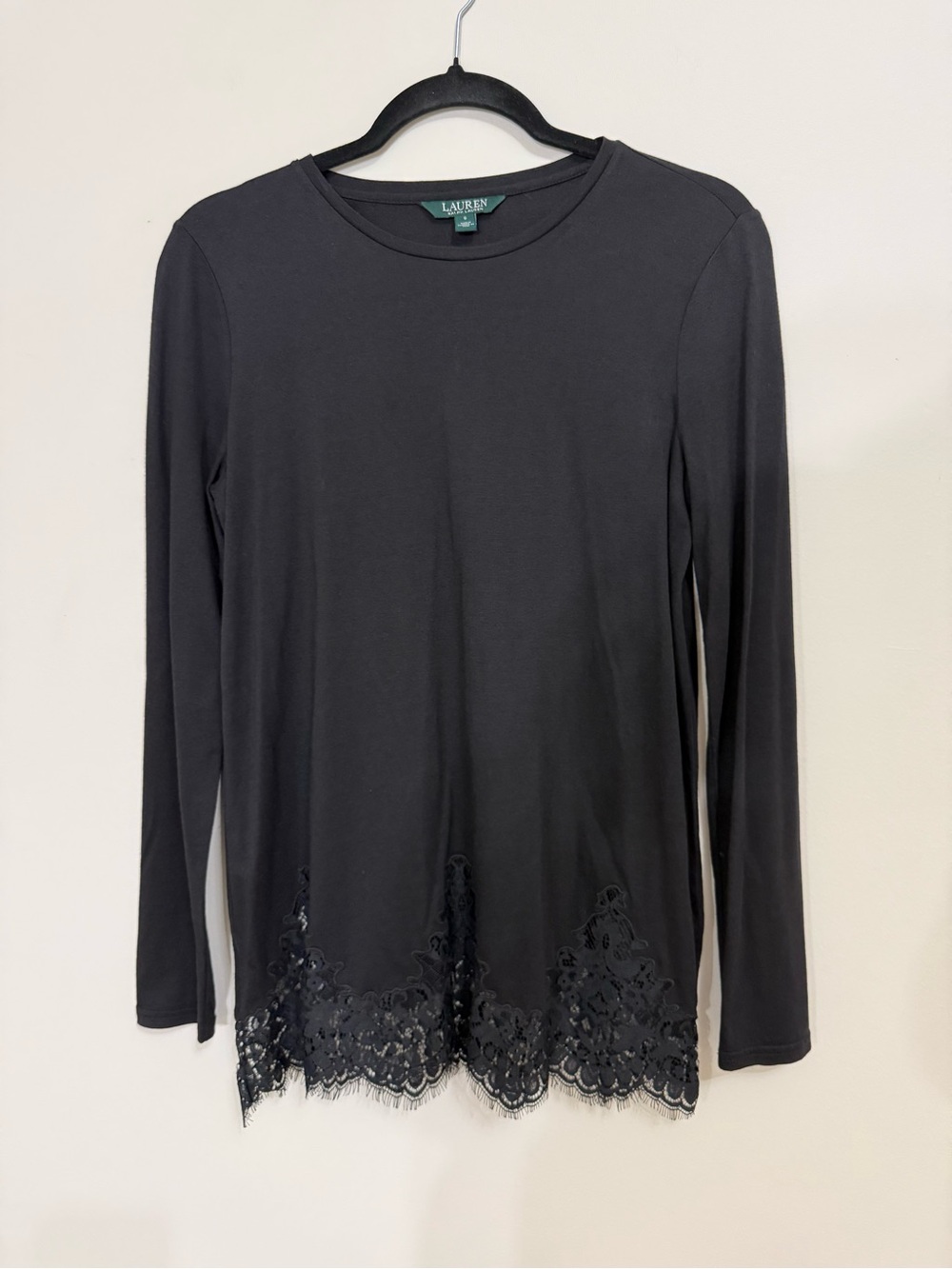 Ralph Lauren Black Long-Sleeve Top with Lace Hem Women’s Size Small Perfect Cond